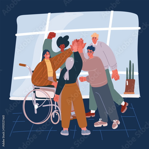 Cartoon vector illustration of Multinational business team. Diverse cartoon men and women of various type. Peroson in wheelchair. People give highfive