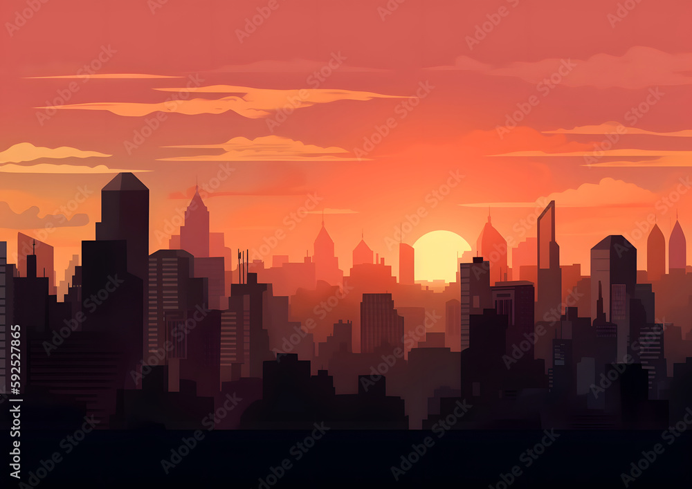 A city skyline with a large sun in the sky. The sun is setting and the sky is a beautiful orange color