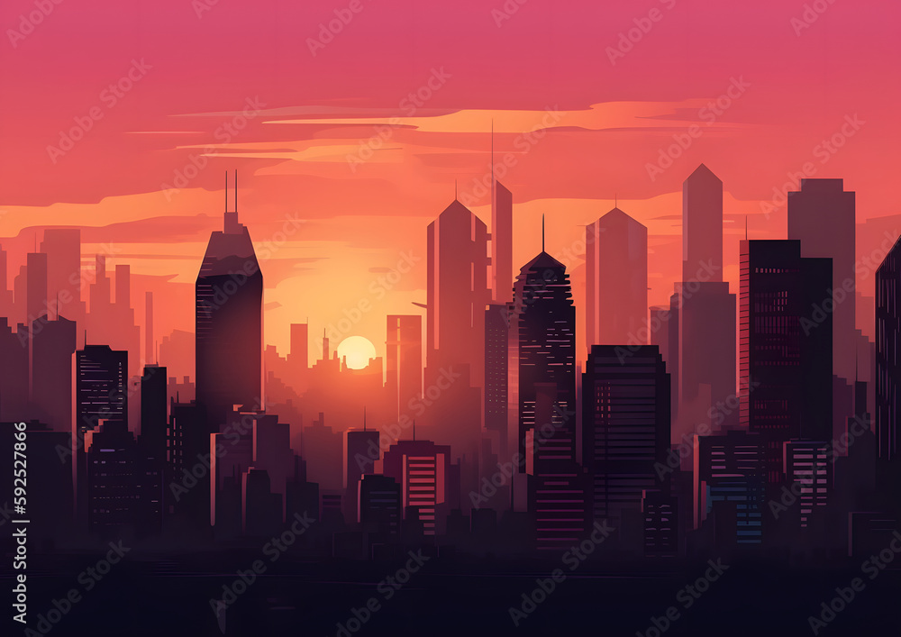 A city skyline with a large sun in the sky. The sun is setting and the sky is a beautiful orange color