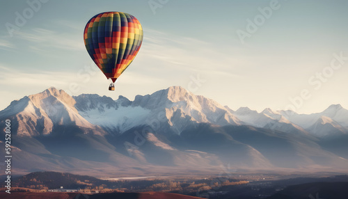 A colorful hot air balloon floating gracefully over a stunning mountain range bathed in the warm glow of the setting sun  symbolizing adventure and the beauty of exploration
