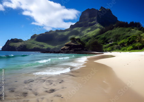 A breathtaking landscape capturing the untouched beauty of a sandy beach with lush green dunes, crystal clear waves, and a dramatic mountain backdrop under a clear blue sky