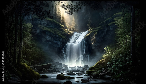 A breathtaking painting of a secluded waterfall cascading into a tranquil pool within a forest grotto, illuminated by a beam of light from above