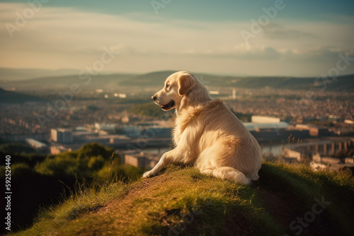 Beautiful Golden Retriever dog on a hill, overlooking the city
