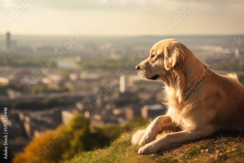 Beautiful Golden Retriever dog on a hill, overlooking the city
