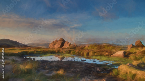Digital painting of Doxey Pool on The Roaches during a drought