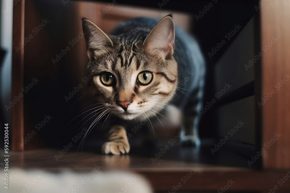 Cute Cat Running in Home Background. Pet Animal in House Room