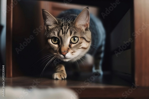 Cute Cat Running in Home Background. Pet Animal in House Room © Thares2020