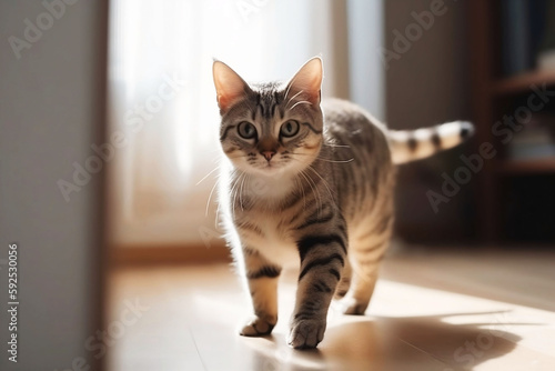 Cute Cat Running in Home Background. Pet Animal in House Room © Thares2020
