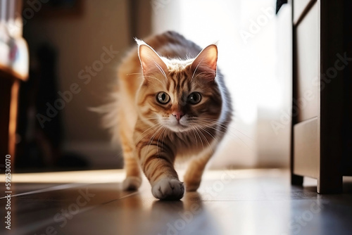 Cute Cat Running in Home Background. Pet Animal in House Room