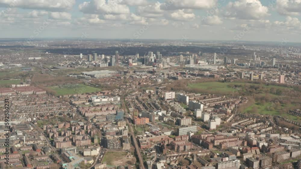High aerial slider shot over Stratford East London High aerial slider shot over Stratford East London