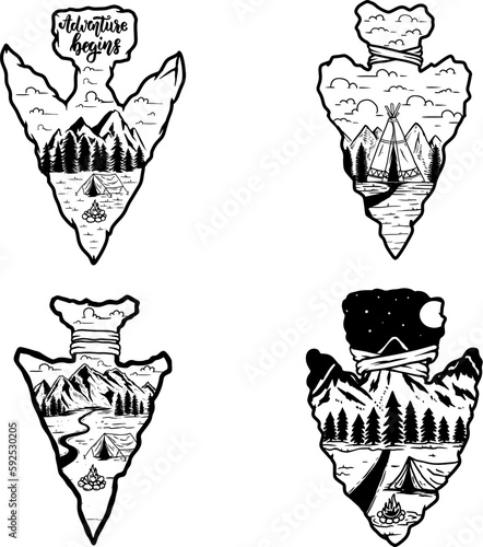 Set of Camping emblem in arrowhead shape. Design element for poster, card, banner, emblem, sign. Vector illustration