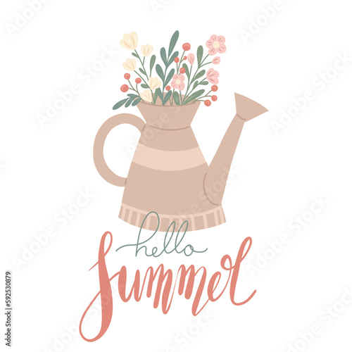 Slogan hello summer. Vector vertical card with flat hand drawn illustration of a garden watering can and bouquet of berries  flowers