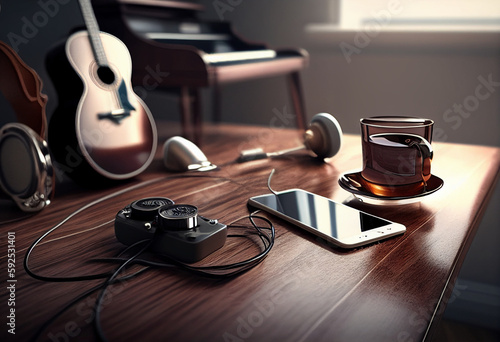 Photo music objects with guitar, gadget and coffee on the table in classic style. Beautiful electric guitar on with headphones and desktop musical creativity concept. World music day