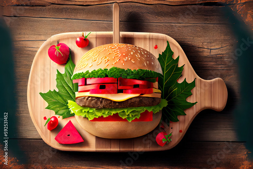 picnic scene with maple leaf shaped hamburger and watermelon. Generative Ai