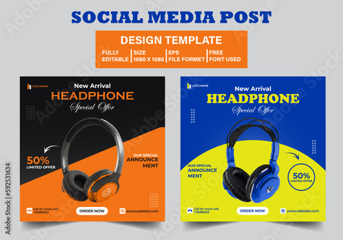 New arrival smart headphone banner for selling and promotional purpose. Musical instrument poster design. 2 vector file template.