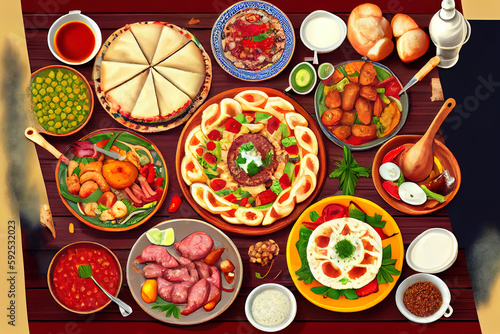 Georgian cuisine. A large laid table of different dishes. Generative Ai