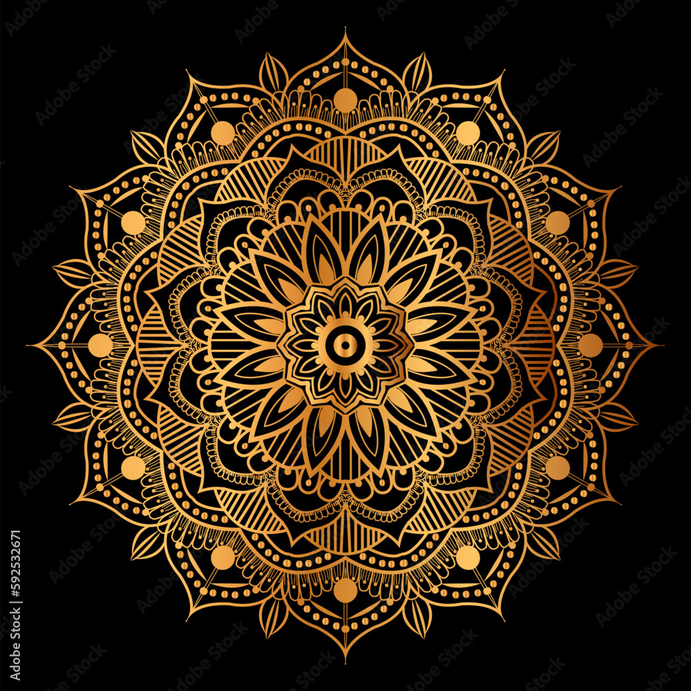 golden mandala design with a black background. golden mandala design with a black background.