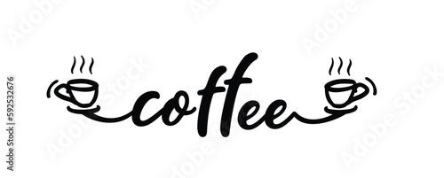 Coffee. Vector logo word. Design for poster, flyer, banner, menu cafe. Hand drawn horizontal calligraphy text. Typography coffee logo. Signboard icon coffee. Black and white illustration with cup.