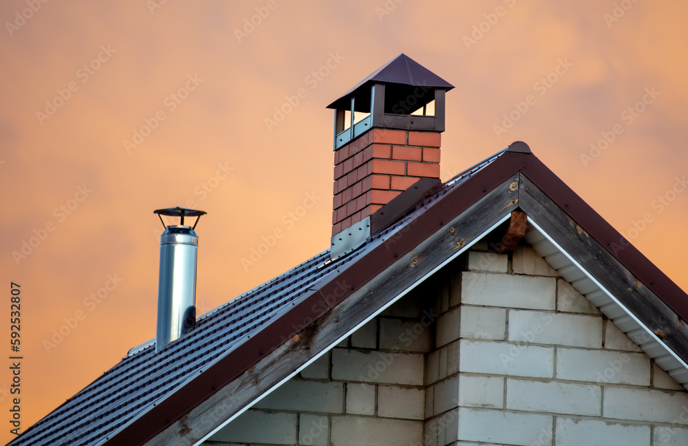 The roof of the house against the background of the sunset