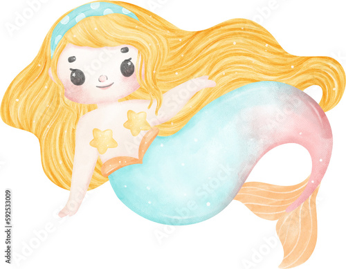 Cute colorful watercolor little mermaid kid cartoon character hand painting