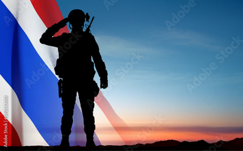 Silhouette of a soldier with Thai flag against the sunset. Patriotic concept. EPS10 vector