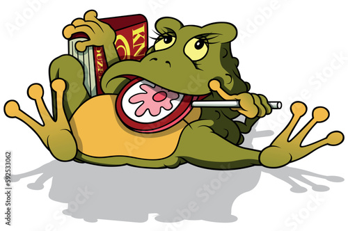 Green Frog Lies on the Ground with a Lollipop in his Mouth and a Red Book Behind his Head