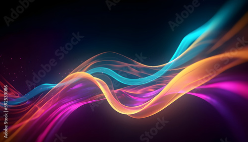 Abstract neon wave background  lines  and bokeh lights. Data transfer concept. Digital wallpaper  Generative AI