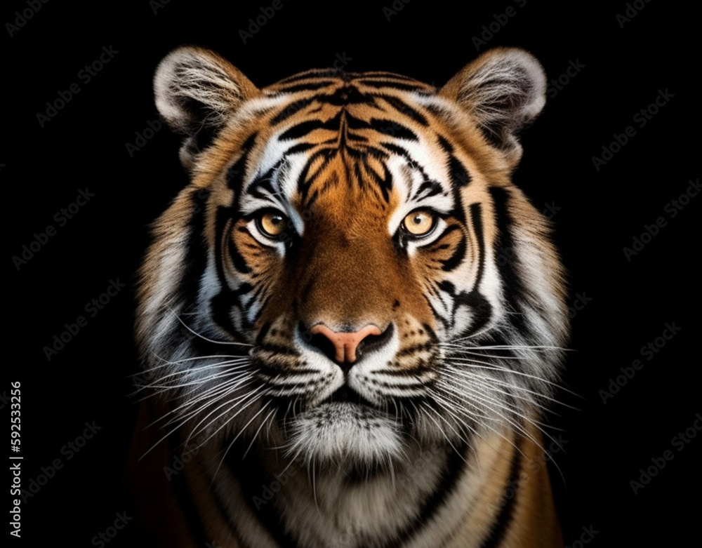 Fototapeta premium Detailed portrait of a tiger's face, isolated on black background. generative ai