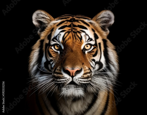 Detailed portrait of a tiger s face  isolated on black background. generative ai