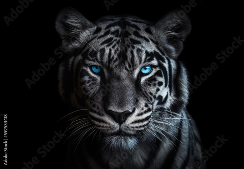Detailed portrait of white tiger face  isolated on black background. generative ai