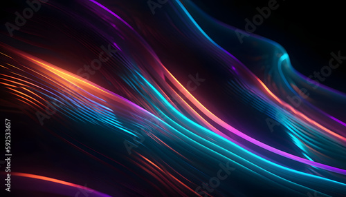 Abstract neon wave background, lines, and bokeh lights. Data transfer concept. Digital wallpaper, Generative AI