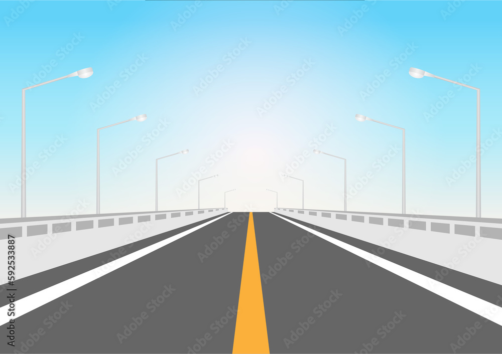 Highway or Motorway. Empty Asphalt Road with Street Lamp Post to the City at Night. Vector Illustration. Highway or Motorway. Empty Asphalt Road with Street Lamp Post to the City at Night. Vector Illustration.