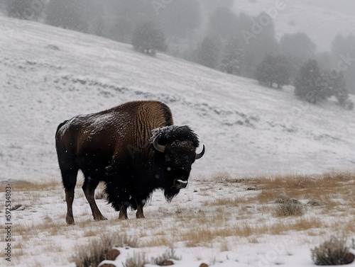 A bison roamed through the snowy mountains