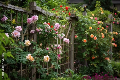 rustic trellis with climbing roses and honeysuckle in the background, created with generative ai photo