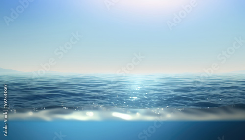 Blue sea with waves and clear blue sky. Seascape  aqua  water background  copy space. Generative ai illustration