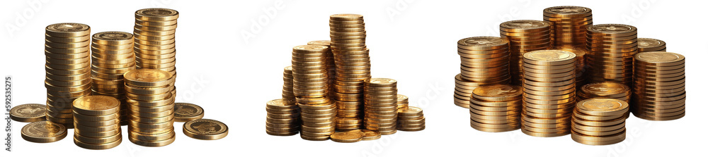 A collection of different stacks of coins on a transparent background , Generative AI A collection of different stacks of coins on a transparent background , Generative AI
