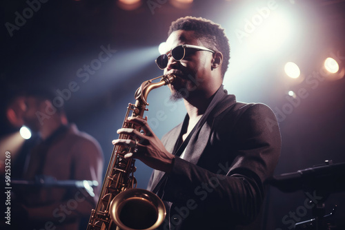 A black jazz artist playing the saxophone on stage. Generate AI