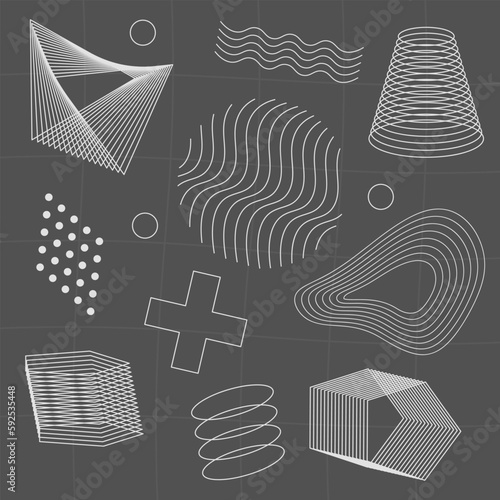 Geometrical Futuristic 3d Shapes. Abstract Wireframe Voluminous Vector Elements Design