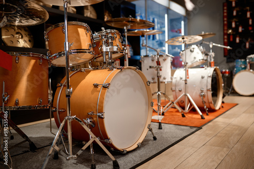 Drum set display at processional percussion musical instruments shop