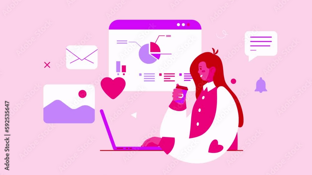 Woman Working On Laptop 2D Animation. Modern Trendy Design with Graph, Chart and Speech Bubble. Business and Finances Concept. Woman Working On Laptop 2D Animation. Modern Trendy Design with Graph, Chart and Speech Bubble. Business and Finances Concept.