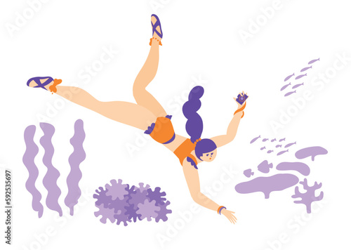trip_travel_people_女子旅_海を泳ぐ水着の女性_シンプルでお洒落なイラスト_swim・カメラ