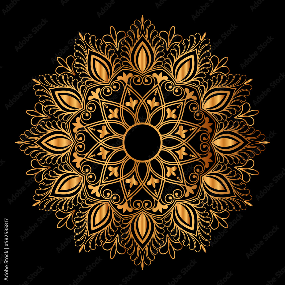 golden mandala design with a black background.