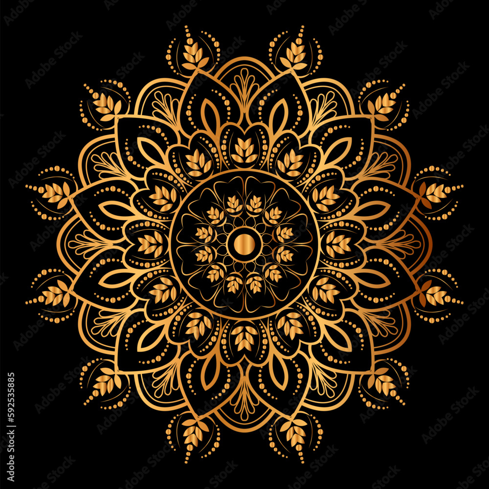 golden mandala design with a black background.