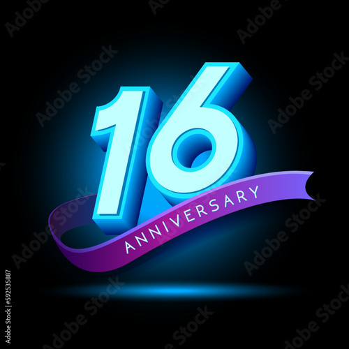 16 Anniversary 3D text with glow effect