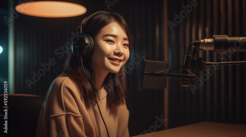 Beautiful asian woman with headphone and microphone in recording studio. Generative AI