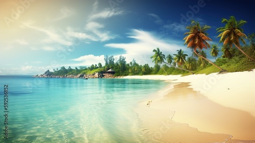 Tropical beach background summer landscape on the beach and white sand calm sea for beach template. Amazing concept of vacation and summer vacation on the beach. Luxury travel. Generative ai © Svfotoroom