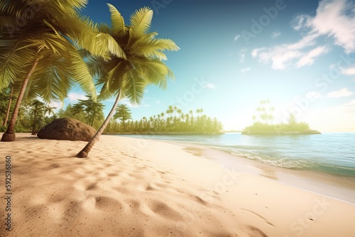 Tropical beach background summer landscape on the beach and white sand calm sea for beach template. Amazing concept of vacation and summer vacation on the beach. Luxury travel. Generative ai