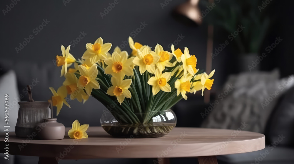 Vase full of yellow blooming daffilds in spring. Generative AI. Vase full of yellow blooming daffilds in spring. Generative AI.