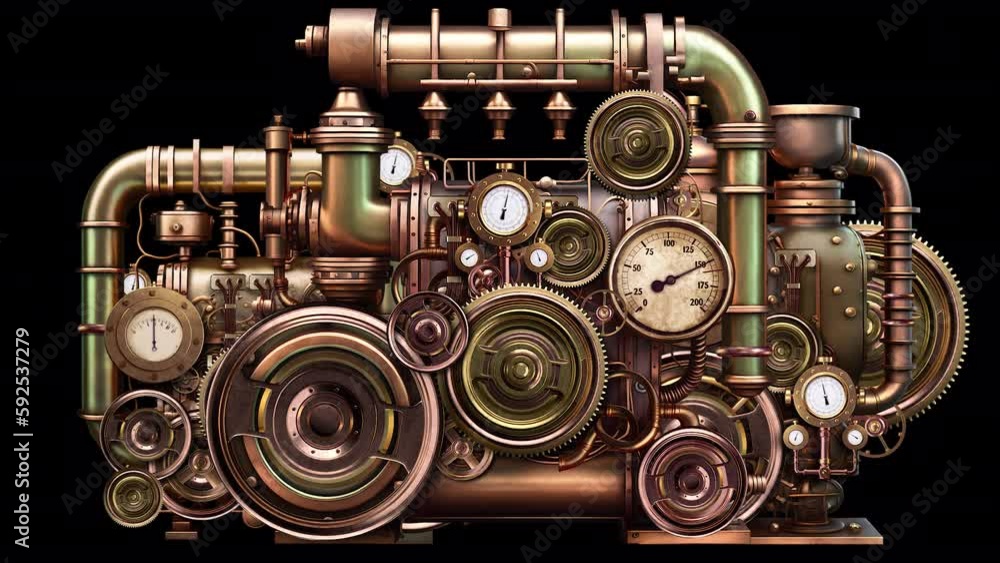 Steampunk Steam Engine. Animation On The Theme Of Production And Industry, Steampunk And Technology, History And Techno. Steampunk Steam Engine. Animation On The Theme Of Production And Industry, Steampunk And Technology, History And Techno.