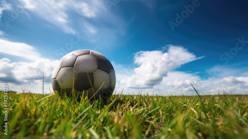 Single soccer ball lying on the green grass of the game field under blue sky with white fluffy clouds. Generative AI. © Markus